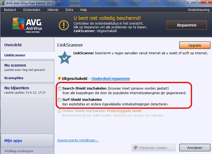 AVG: Zet LinkScanner uit, stap 2